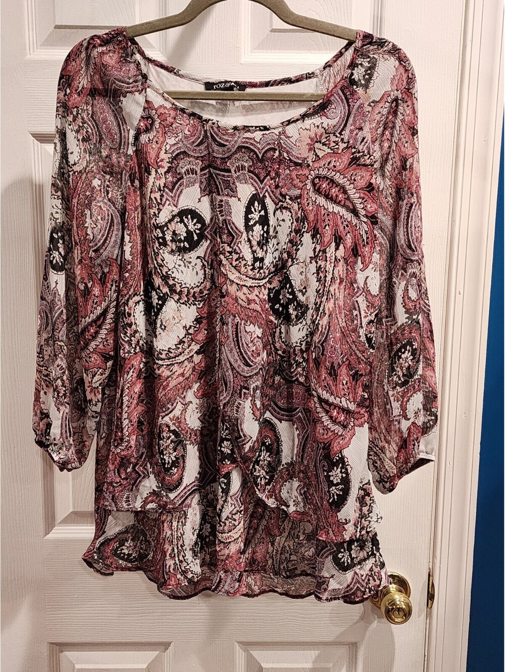 Roz Ali Pleated Front Top Womens Plus Size L Paisley 3/4 Bell Sleeve BOHO